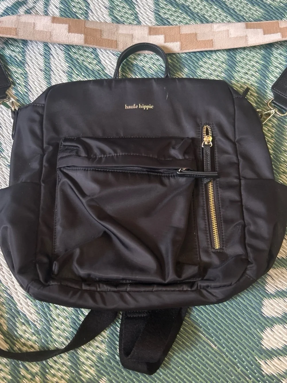 Haute Hippie Black Nylon Backpack with Gold Hardware